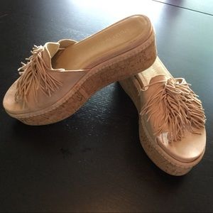 Stuart Weitzman Suede Fringe Platform Cork Slides